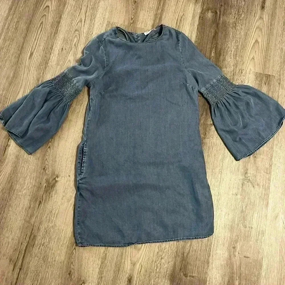 Beach Lunch Lounge Women's Denim Shift Dress Bell Ruffle Sleeve